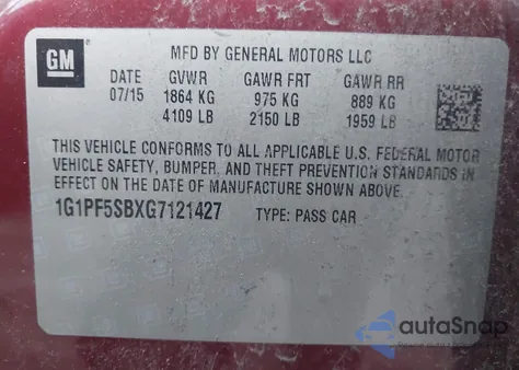 2016 Chevrolet Cruze Limited 2Lt Auto из США, поврежденный, VIN 1G1PF5SBXG7121427